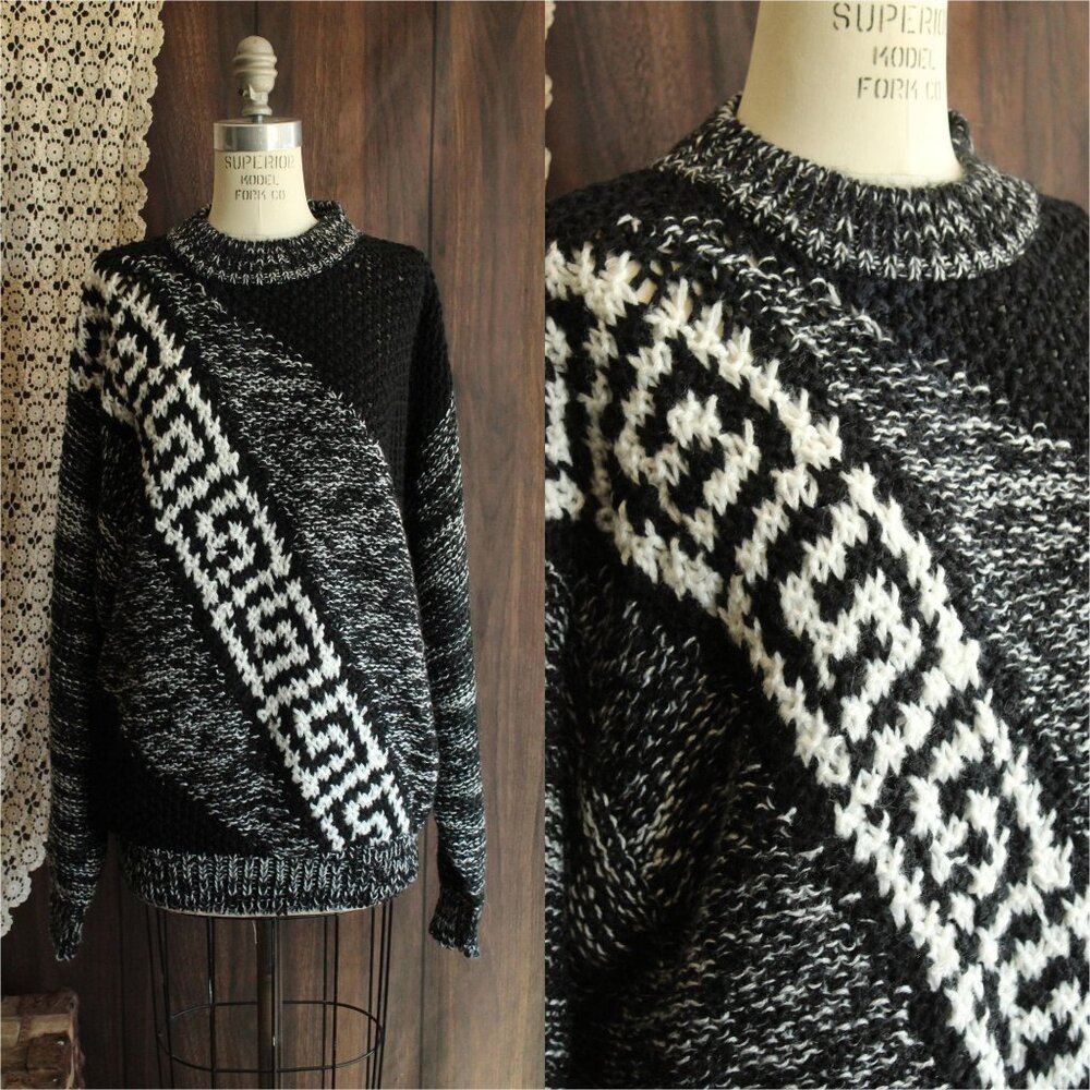 Vintage 1980s Mens Sweater, Fuze Black and White Unisex Jumper, Geometric Print